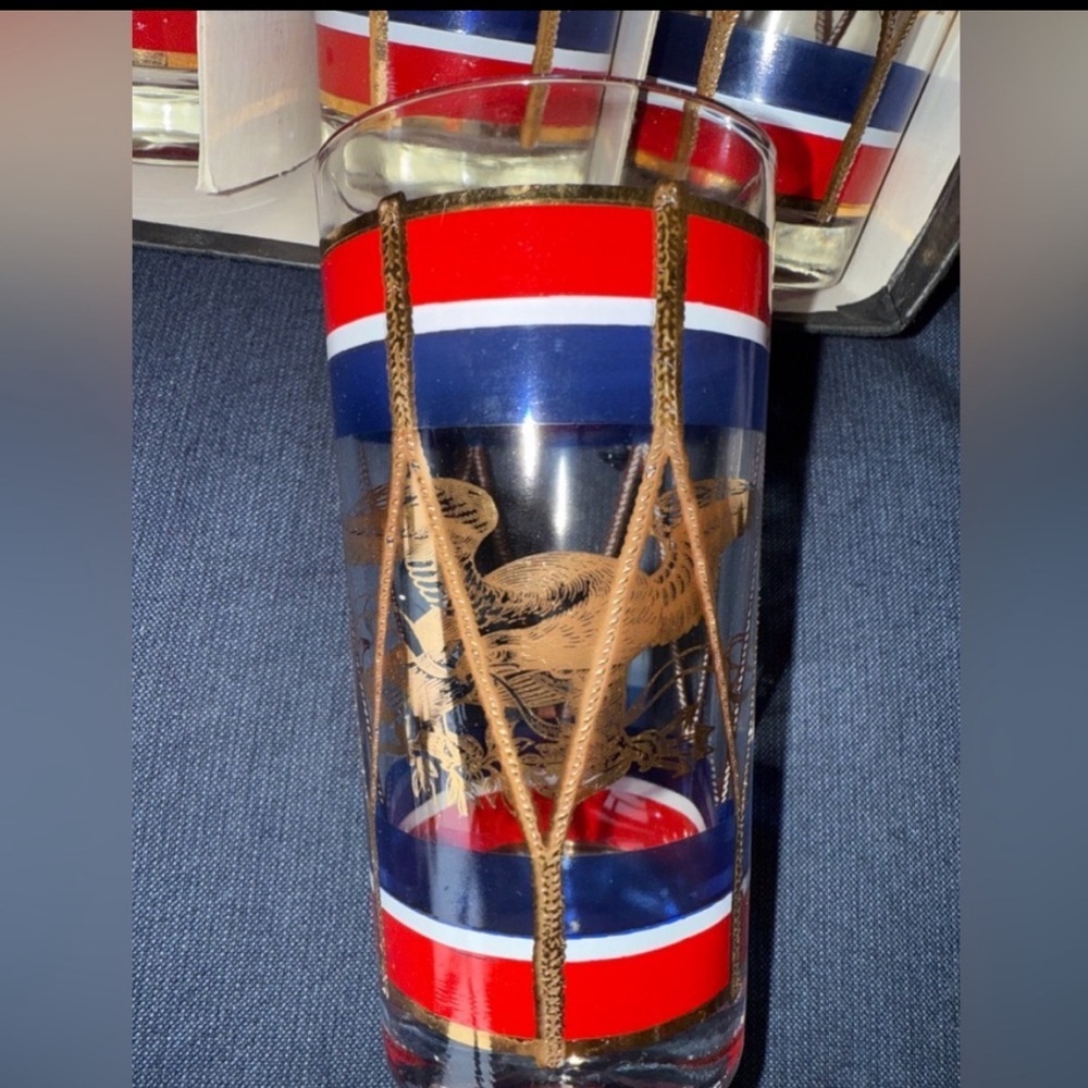 Set/8 Antique House Art Hi Ball Set Red White Blue & Gold Eagle Drum Design
